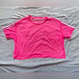Pink Mesh Crop Top with Striped Sleeves